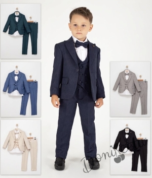 Официален детски костюм в синьо от 5 части- риза в бяло, сако, елек, панталон и папийонка  в синьо