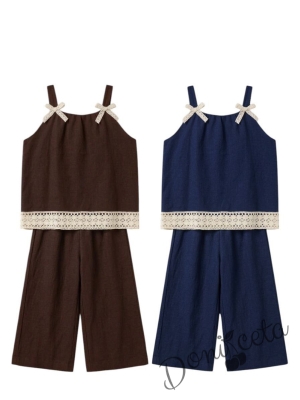 Комплект за момиче от топ и разкроен панталон в синьо