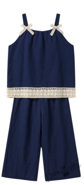 Комплект за момиче от топ и разкроен панталон в синьо