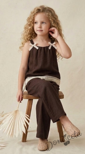 Комплект за момиче от топ и разкроен панталон в кафяво