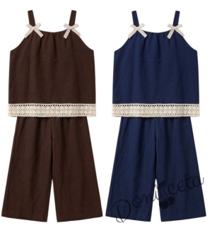 Комплект за момиче от топ и разкроен панталон в кафяво