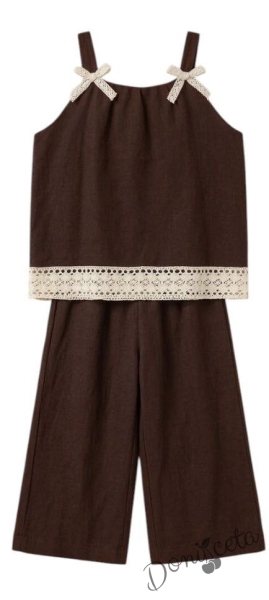 Комплект за момиче от топ и разкроен панталон в кафяво