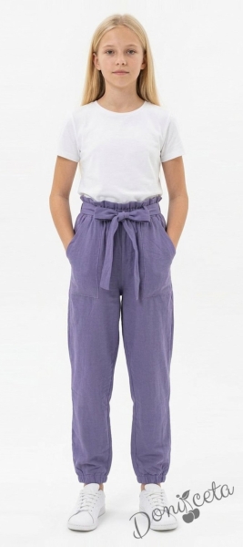 Детски панталон за момиче в лилаво с висока талия и колан