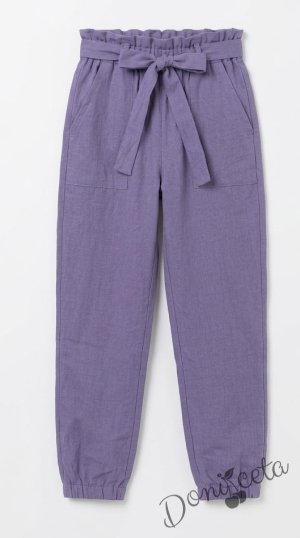 Детски панталон за момиче в лилаво с висока талия и колан