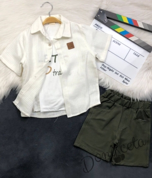 Летен комплект за момче от 3 части - риза в бяло с копчета , тениска с надпис и къси панталони в масленозелен цвят