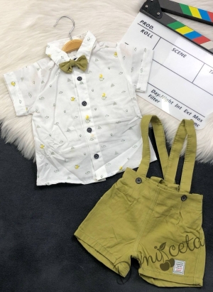 Комплект за момче от 3 части - риза в бяло с орнаменти с къс ръкав, къси панталони тип гащеризон и папийонка в маслинено зелено