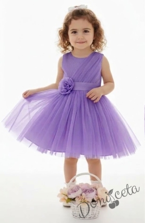 Официална детска/бебешка рокля Елиза в лилаво с тюл и  коланче с цвете на талията