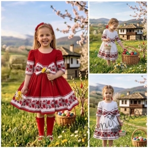 Детска етно рокля Боряна в бяло тип носия с ръкав до лакътя с коланче с панделка в бяло с шевица и фолклорни мотиви 