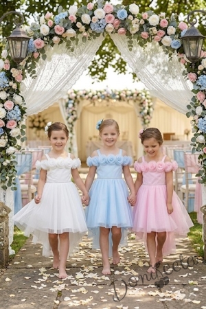 Официална детска рокля Вяра с деколте декорирано с обемни 3D рози в бяло и шлейф