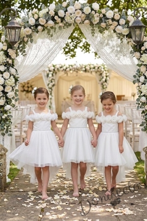 Официална детска рокля Вяра с деколте декорирано с обемни 3D рози в бяло и шлейф