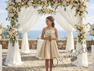 Елегантна къса официална детска рокля Лара с асиметрично деколте в златисто