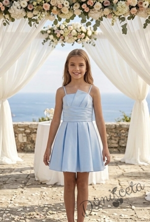 Елегантна къса официална детска рокля Лара с асиметрично деколте в светлосиньо