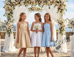 Елегантна къса официална детска рокля Лара с асиметрично деколте в светлосиньо