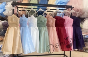 Елегантна къса официална детска рокля Лара с асиметрично деколте в светлосиньо