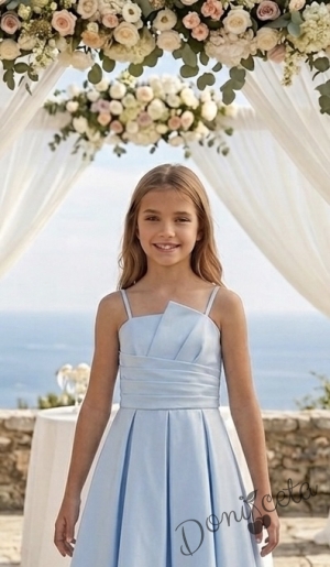 Елегантна къса официална детска рокля Лара с асиметрично деколте в светлосиньо