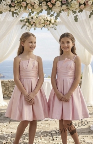 Елегантна къса официална детска рокля Лара с асиметрично деколте в розово