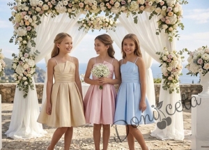 Елегантна къса официална детска рокля Лара с асиметрично деколте в розово