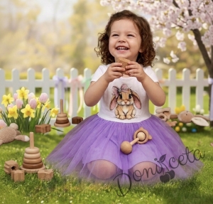 Бебешка или детска рокля с къс ръкав в лилаво със зайче