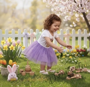 Бебешка или детска рокля с къс ръкав в лилаво със зайче