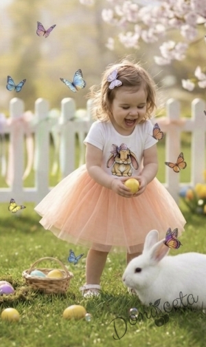 Бебешка или детска рокля с къс ръкав в прасковено със зайче