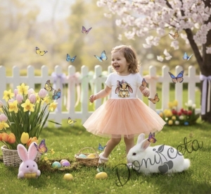 Бебешка или детска рокля с къс ръкав в прасковено със зайче