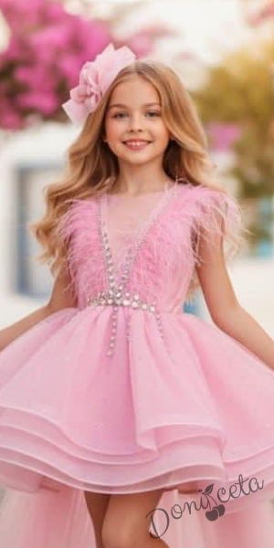 Официална детска рокля Валери в розово и шлейф