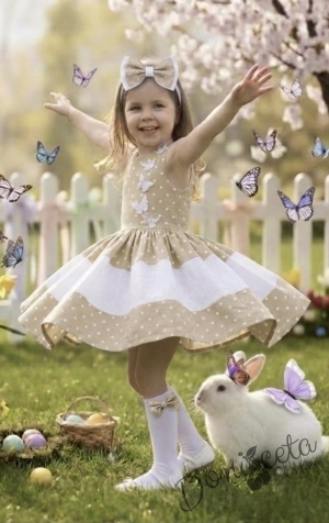 Детска официална  памучна рокля в прасковено на бели точки Далента