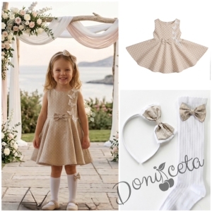 Комплект от 3 части-детска рокля клош в бежово на бели точки Вилина с бели 3D пеперудки, диадема и чорапки 