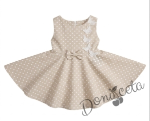 Комплект от 3 части-детска рокля клош в бежово на бели точки Вилина с бели 3D пеперудки, диадема и чорапки 
