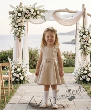 Комплект от 3 части-детска рокля клош в бежово на бели точки Вилина с бели 3D пеперудки, диадема и чорапки 