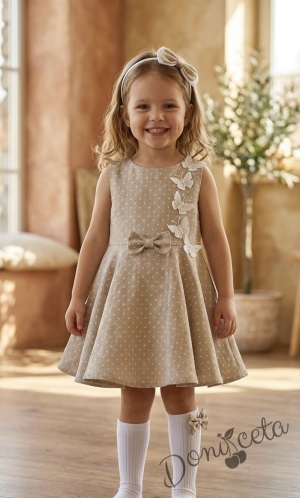 Комплект от 3 части-детска рокля клош в бежово на бели точки Вилина с бели 3D пеперудки, диадема и чорапки 