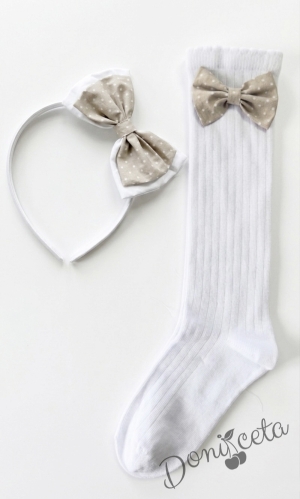 Комплект от 3 части-детска рокля клош в бежово на бели точки Вилина с бели 3D пеперудки, диадема и чорапки 