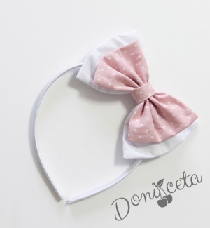 Комплект ръчно изработена диадема и чорапки с панделки в розово с бели точици