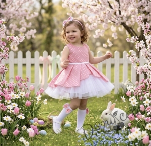 Комплект от 3 части- детска памучна рокля Надежда в розово на точки с тюл, диадема за коса в синьо и чорапки в бяло с панделки