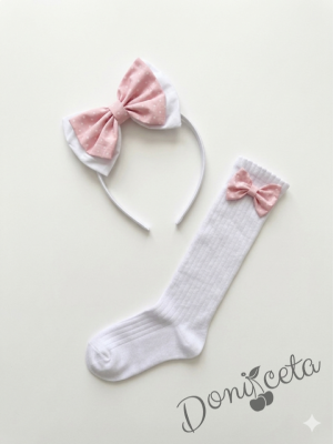 Комплект от 3 части- детска памучна рокля Надежда в розово на точки с тюл, диадема за коса в синьо и чорапки в бяло с панделки