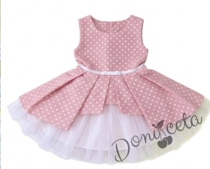 Комплект от 3 части- детска памучна рокля Надежда в розово на точки с тюл, диадема за коса в синьо и чорапки в бяло с панделки