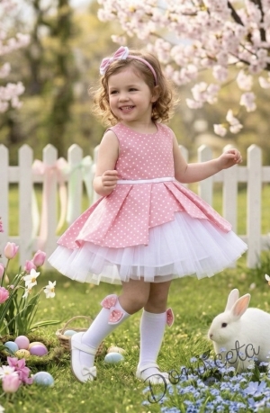 Детска памучна рокля Надежда в розово на точки с тюл в бяло