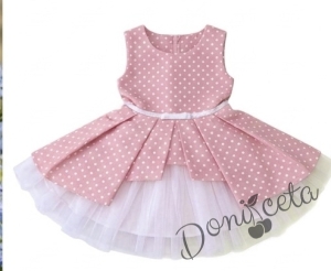 Детска памучна рокля Надежда в розово на точки с тюл в бяло