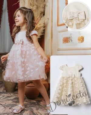 Ефирна детска рокля с 3D пеперуди в розово с къс ръкав