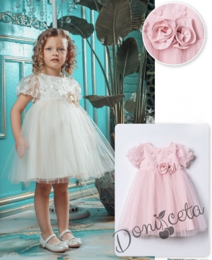 Нежна детска рокля с цветя и тюл в розово с къс ръкав