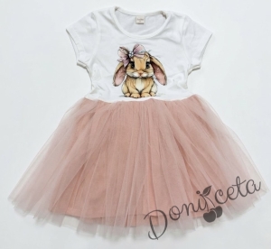 Бебешка или детска рокля с къс ръкав в прасковено със зайче