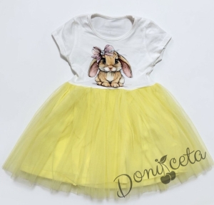 Бебешка или детска рокля с къс ръкав в жълто със зайче