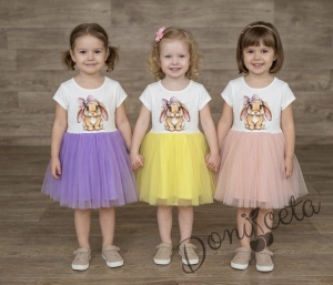 Бебешка или детска рокля с къс ръкав в лилаво със зайче