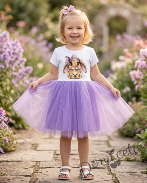 Бебешка или детска рокля с къс ръкав в лилаво със зайче