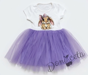 Бебешка или детска рокля с къс ръкав в лилаво със зайче