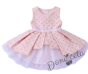 Детска памучна рокля Надежда в бледо прасковено на точки с тюл в бяло