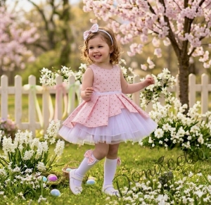 Комплект от 3 части- детска памучна рокля Надежда в бледо прасквоено на точки с тюл, диадема за коса и чорапки в бяло с панделки