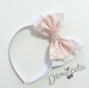 Комплект от 3 части- детска памучна рокля Надежда в бледо прасквоено на точки с тюл, диадема за коса и чорапки в бяло с панделки