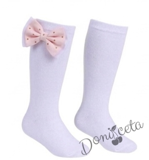 Комплект от 3 части- детска памучна рокля Надежда в бледо прасквоено на точки с тюл, диадема за коса и чорапки в бяло с панделки