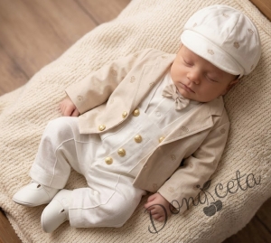 Бебешки елегантен комплект за изписване за момче в бяло и бежово от 5 части